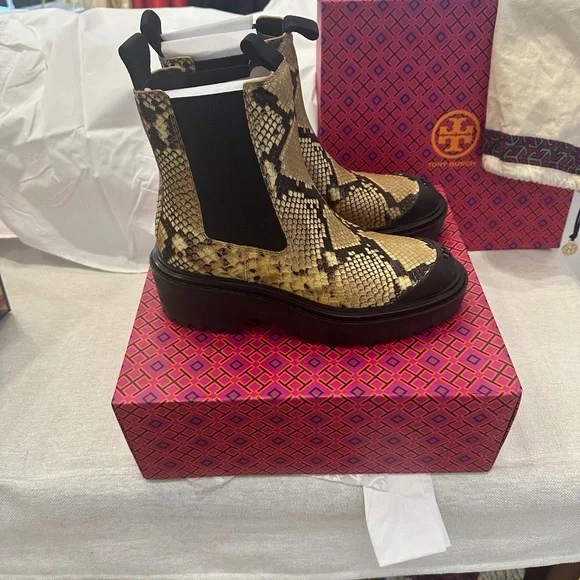 Tory Burch Black and Pale Desert Roccia Heeled Boots - Picture 2 of 4